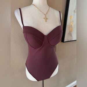 Maroon padded bustier ribbed bodysuit